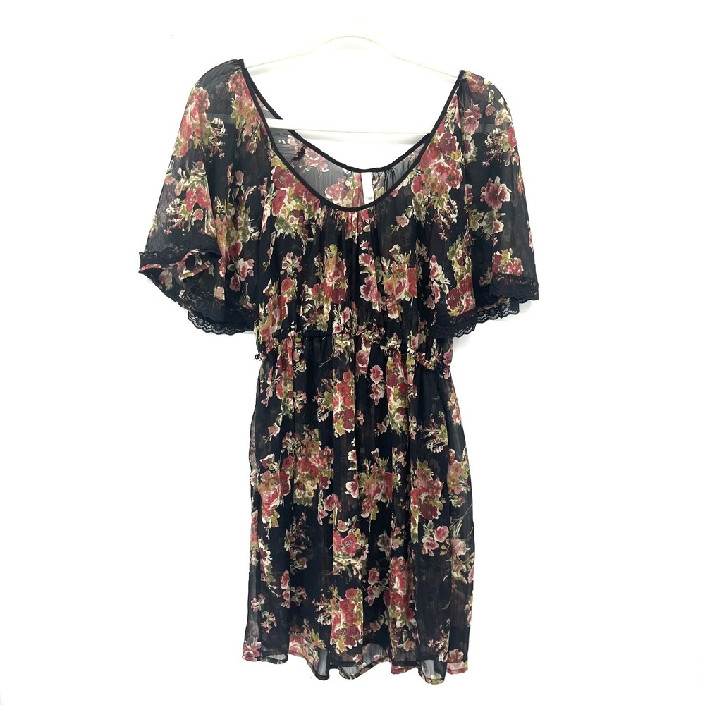 Dark romance retro 90s grunge mini dress tunic Black floral whimsigoth fairy S